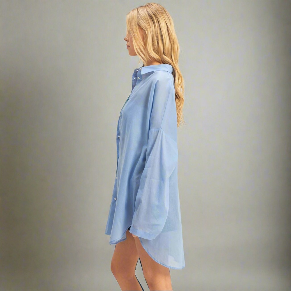 BRAND NEW- Cotton Voile Button Down Tunic Shirt - Light Blue - Picture 5 of 6
